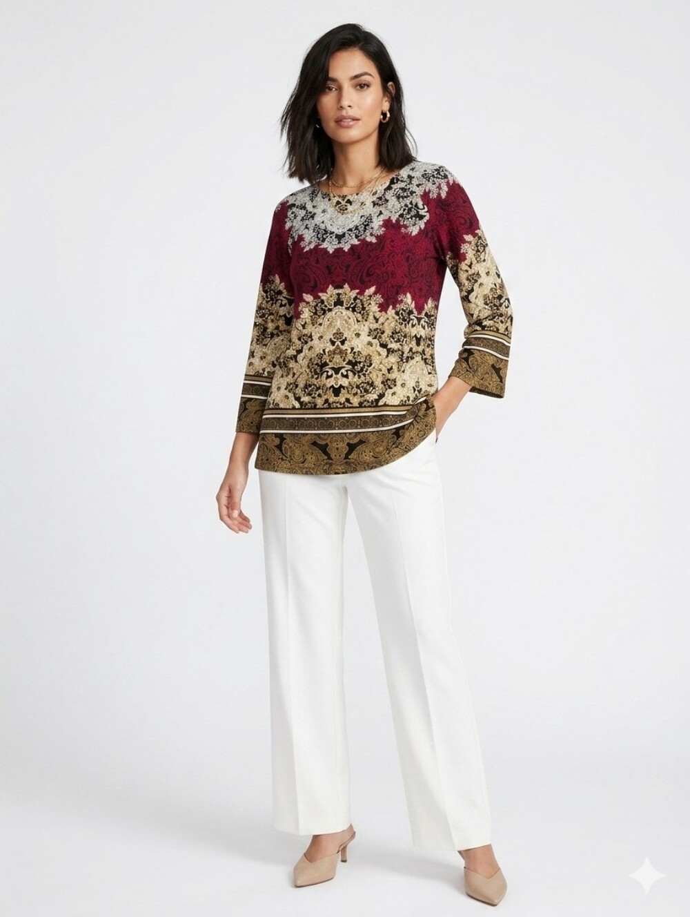 Coco Bianco Burgundy Gold Blouse Patterned Long Sleeve Medium